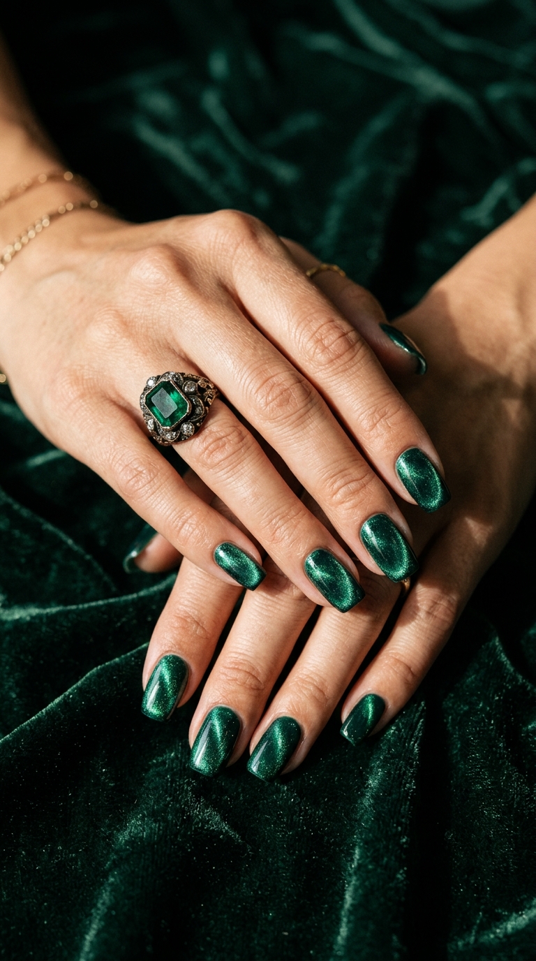 Emerald Moss Velvet Nails Detail